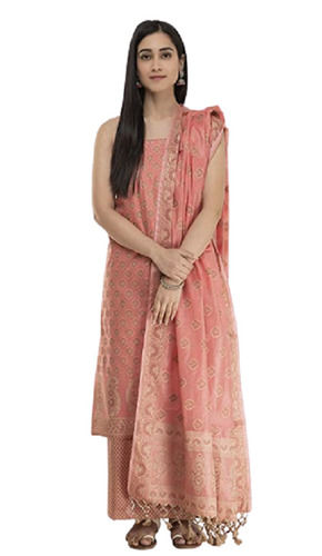 Multicolor Breathable And Washable Sleeveless Soft Zari Embroidered Cotton Chanderi Suit For Women 