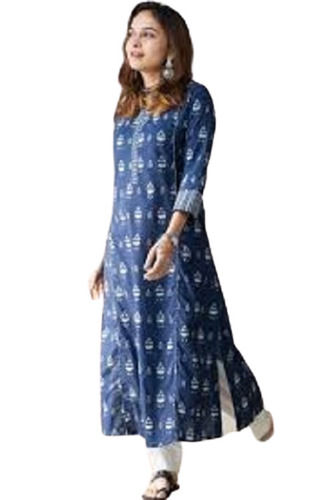 Lightweight And Comfortable Round Neck Beautiful Blue Color Cotton Printed Kurta  Bust Size: 38 Inch (In)