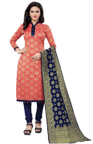 Multicolor Washable And Comfortable Printed Full Sleeves Banarasi Cotton Silk Suit For Ladies 