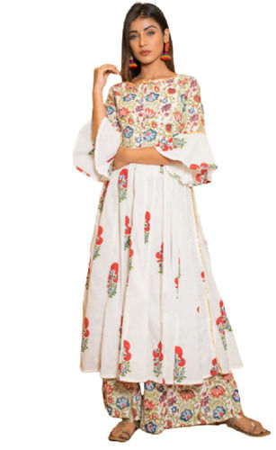 Washable And Quick Dry 3/4th Sleeves Printed Soft Cotton Silk Designer Frock Suit For Ladies