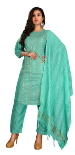 3/4th Sleeves And Round Neck Embroidered Cotton Silk Suits For Ladies 