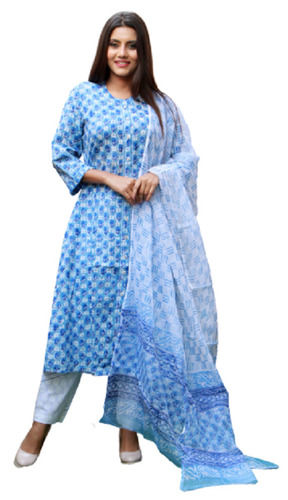 Easily Washable Casual Wear 3/4Th Sleeves Block Printed Soft Cotton Kurtis For Ladies  Bust Size: 32 Inch (In)