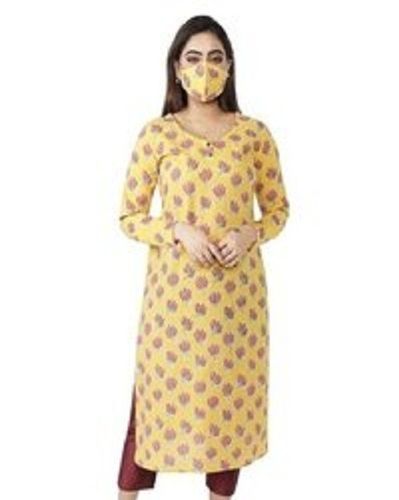 Ladies Breathable Round Neck Full Sleeves Printed Cotton Kurti For Casual Wear