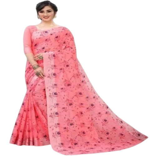 Cotton Pink Coloured Willmake Floral Print Chanderi Chiffon Saree With Normal Wash