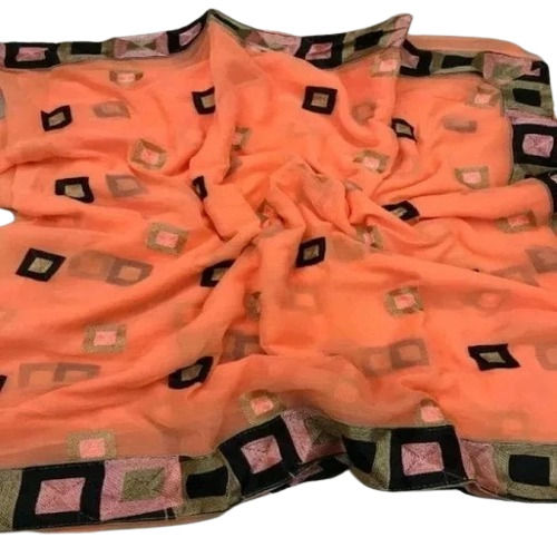 Cotton Orange Colour Pure Chiffon Embroidered Printed Saree For Ladies With Ethnic Style