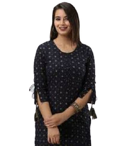 Round Neck Short Sleeves Black Colour Hand Block Printed Ladies Kurti For Casual Wear Bust Size: 38  Centimeter (Cm)