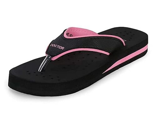 Rubber Ladies Comfortable Lightweight Flip Flop Pink And Black Slippers For Casual Wear