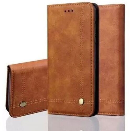 Durable Leather Flip Cover Wallet Case - 6.5 Inch, Brown Color, Stylish Plain Design for Mobile Protection