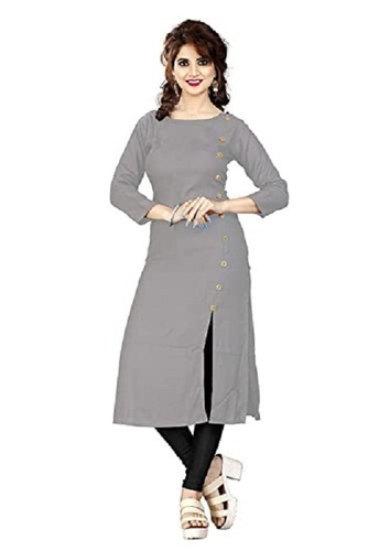 Grey Women 3/4 Sleeves Round Neck Breathable Casual Wear Plain Cotton Gray Kurti