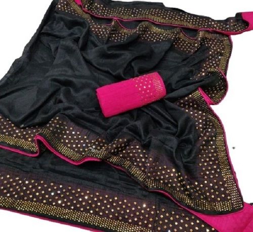 Ladies Black With Pink Stone Work Party Wear Silk Saree With Blouse Piece