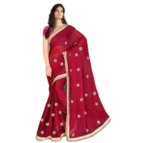 Party Wear Maroon Cotton Designer Embroidery Saree With Blouse, Saree Length 5.5 Meter