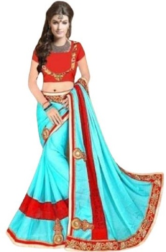 5.5 Meter Length Red And Sky Blue Cotton Embroidered Designer Saree With Blouse Piece