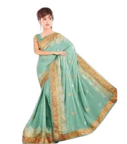 Cotton Designer Embroidery Saree - 5.5 Meter Lightweight Sea Green & Golden | Hand Embroidered, Unstitched Blouse Included, Versatile Party Wear