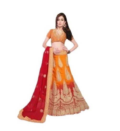 Chiffon Designer Lehenga - Red and Orange, Unstitched Blouse with Matching Choli & Dupatta, Exquisite Embroidered Glass Work, Breathable & Classic Wedding Ethnic Attire