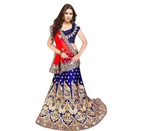 Chiffon Lehenga Set - Sizes M & L | Red and Blue Embroidered Design, Breathable Fabric, Stylish Stone Work, Matching Choli and Dupatta