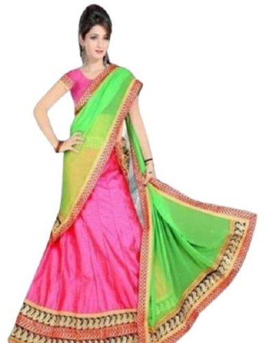 Designer Silk Lehenga - Pink and Green Double Layered, Embroidered With Beaded Lace, Trendy Ethnic Wear for Ladies