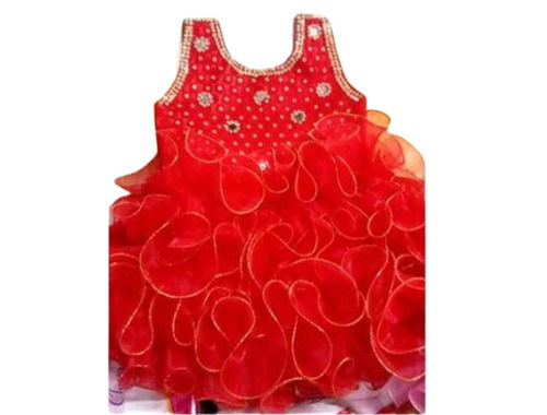 Comfortable And Breathable Party Wear Red Sleeveless Girls Fancy Frock 
