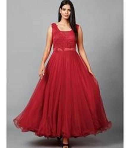 Women Party Wear Designer Neck Sleeveless Heavy Embroidered Red Net Gown Decoration Material: Sequins