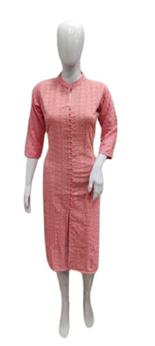 Stylish Soft And Comfortable 3/4 Sleeve Collar Neck Cotton Kurti For Formal Wear 