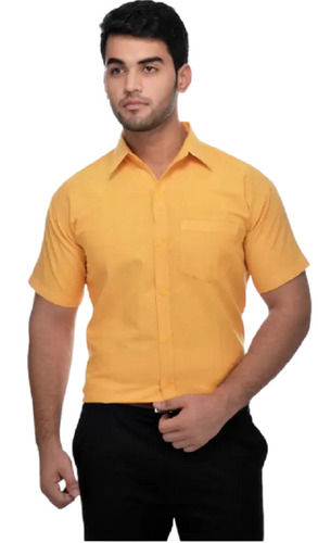 Yellow Color Half Sleeves Lightweight Comfortable Pure Cotton Collared Men'S Shirt  Collar Style: Straight