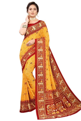 Daily Wear Beautiful Designer Georgette Bandhani Print Saree With Blouse Piece In Yellow And Red Color