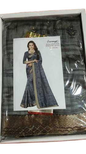 Cotton Silk Grey And Black Party Wear Embroidered Saree With Unstitched Blouse