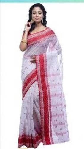 White And Red Cotton Fabric Premium Quality Stylish Khesh Saree With Blouse Piece