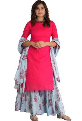 Comfortable And Unfadable Party Wear 3/4th Sleeves Sharara Suit With Printed Dupatta For Ladies