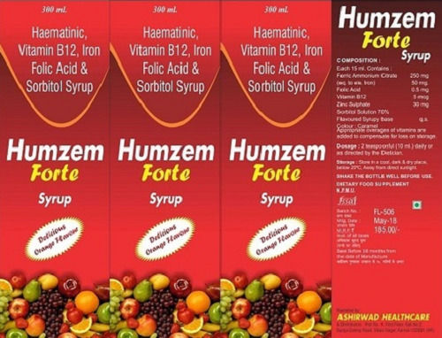  Humzem Forte विटामिन B12 आयरन फोलिक एसिड और सोर्बिटोल सिरप, पैकिंग का आकार 300 ml आयु समूह: सभी उम्र के लिए उपयुक्त