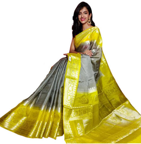 Organza Beautiful Fancy Designer Yellow And Gray Traditional Saree With Blouse Piece For Ledies 