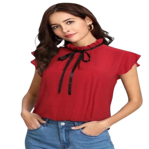 Plain Red Cotton Comfortable And Washable Designer Ladies Tops With Short Sleeves