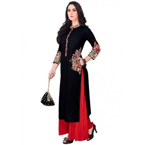 Embroidery Designed Style Black Rayon Kurti With Palazzo Bust Size: 36 Inch (In)