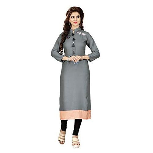 Styles Attractive Stitched Comfortable 3/4 Sleeves Grey Rayon Printed Kurti