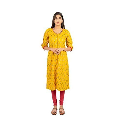 Stylish And Comfortable Fashionable Lightweight Fabric Yellow Rayon Printed Kurti