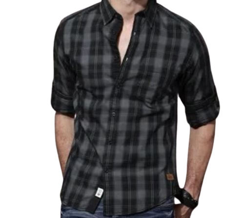 Washable And Comfortable Full Sleeves Collared Black Check Cotton Shirt For Mens Age Group: 18-45 Years