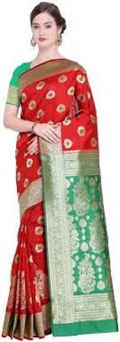 Red And  Green Womens Traditional Zari Woven Poly Silk Banarasi Saree With Buta Design