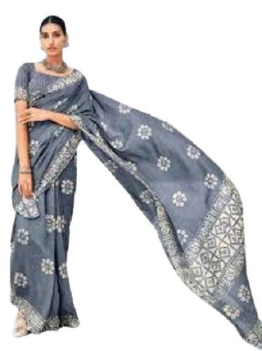 Abstract Print Grey Cotton Silk Saree With Un stitched Blouse Piece