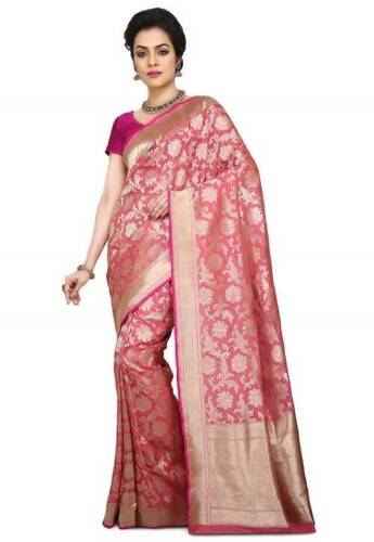 Hand Print Banarsi Style All Seasons Wear Handloom Silk Pink Sarees