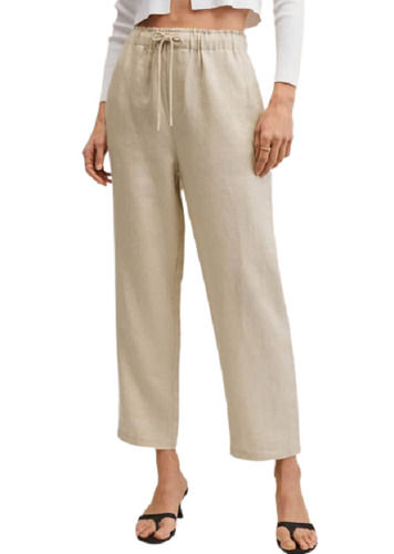 Cream Skin Friendly And Comfortable Regular Fit Plain Linen Trouser For Ladies 