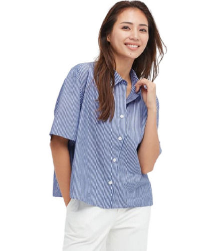 Comfort Fit Short Sleeves Casual Wear Cotton Stripe Shirt For Ladies