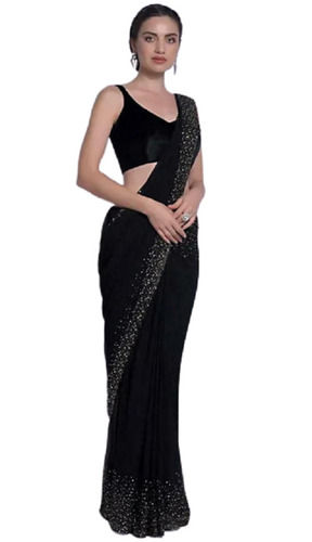 Black Moti Resham Zari Embroidered Stone Work Net Party Wear Wedding Saree  Sari | eBay