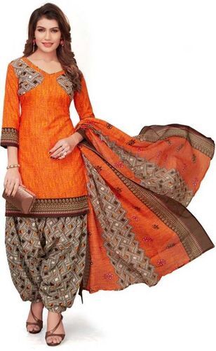 Orange 3/4Th Sleeves Printed Punjabi Salwar Suit With Dupatta