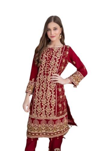 Red Ladies Festival Wear Full Sleeves Chikan Salwar Suits