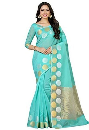 Blue Women'S Beautiful Trendy Kanchipuram Soft Cotton Saree With Blouse Piece