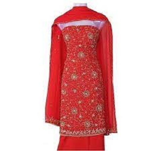 Red Unstitched Ladies Lace Closure Printed Suit Made With 100% Cotton 