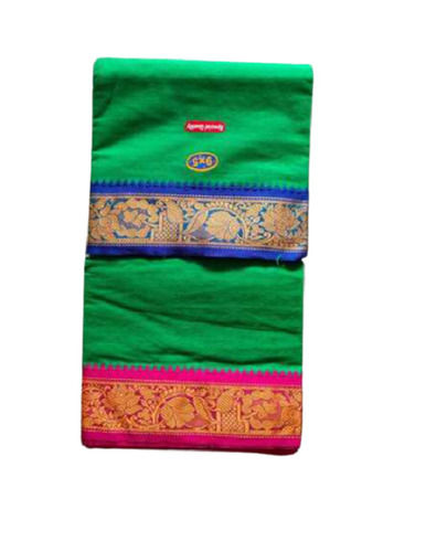 Quick Dry Plain Green With Blue And Pink Border Regular Wear Cotton Mens Dhoti