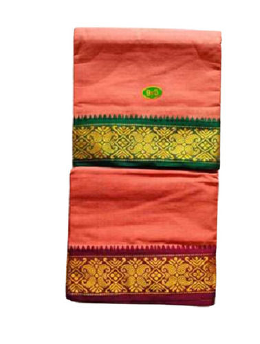 Breathable Plain Orange With Maroon And Green Designer Border Regular Wear Cotton Mens Dhoti