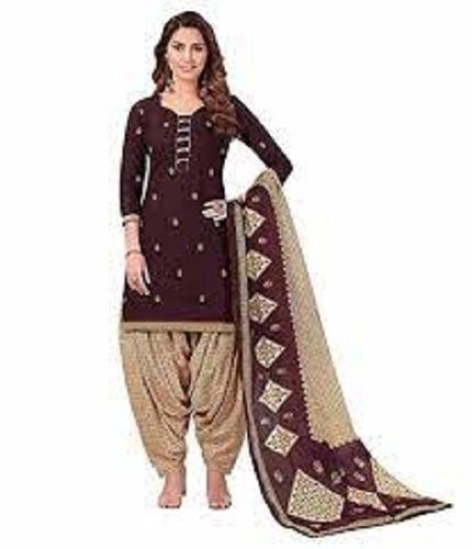 Red And Brown Casual Wear 3/4Th Sleeve Regular Fit Printed Cotton Salwar Suits For Ladies