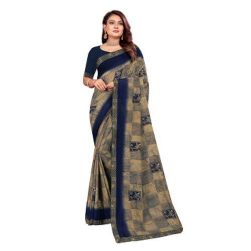 Beautiful Designer Blue Printed Bell Bottom Sequin Worked Fancy Saree For All Season