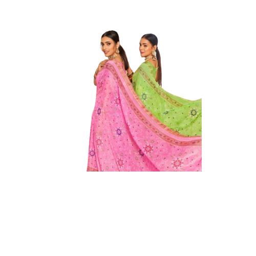 Pack Of 2 Green And Pink Designer Printed Sequin Worked Cotton Silk Saree For All Season
